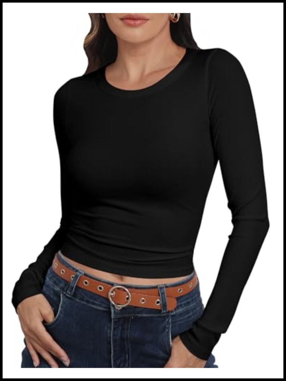 Ribbed Knit Long Sleeve Crewneck Fitted Crop Top Slim Fit Stretch